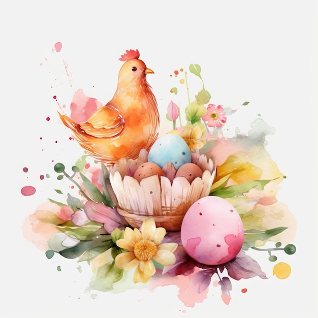 A painting of a chicken and eggs