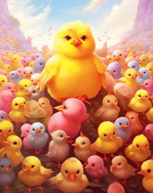 A painting of a chicken surrounded by many baby chickens.