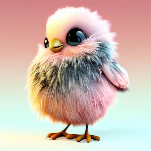 A painting of a chicken with black eyes and a pink and blue background.