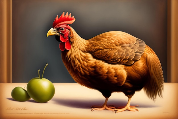 A painting of a chicken with a green apple on the table