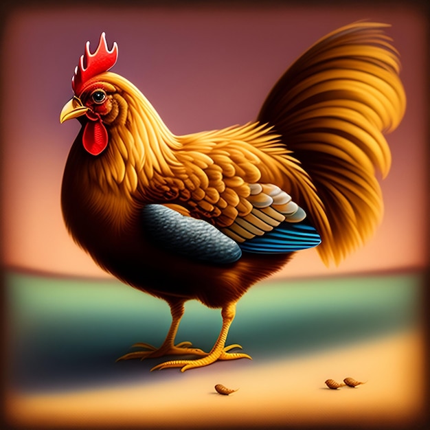 A painting of a chicken with a red crest and a blue tail.