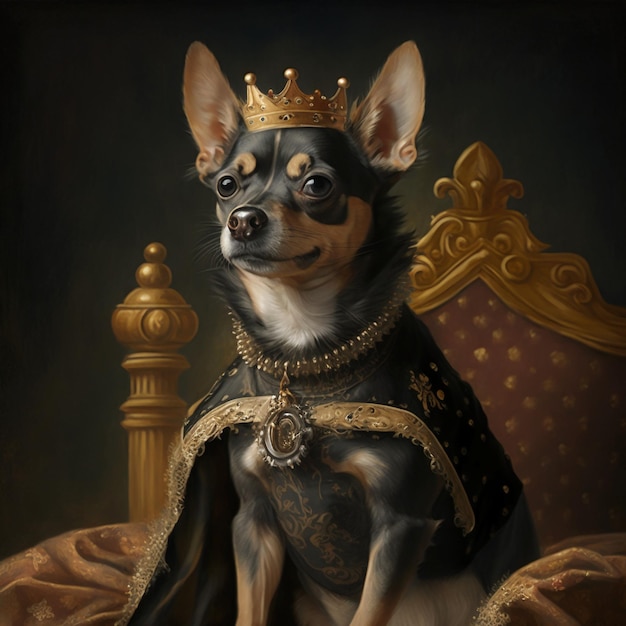 A painting of a chihuahua black with brown spots dress.