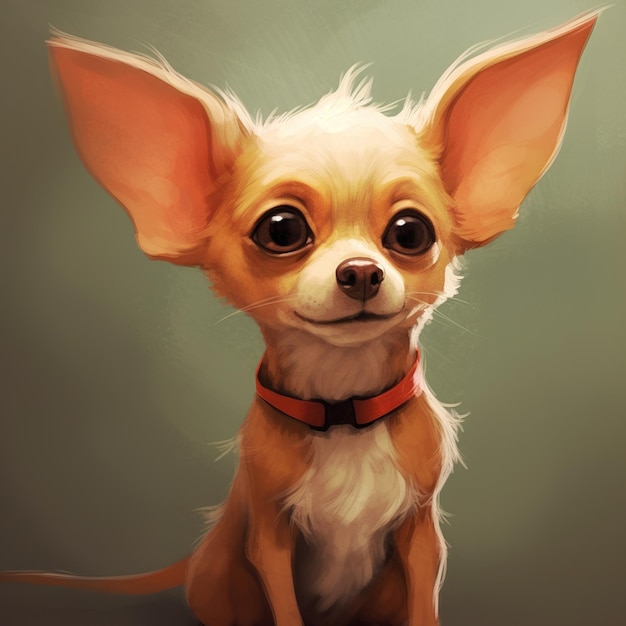 A painting of a chihuahua with big ears and a red collar.