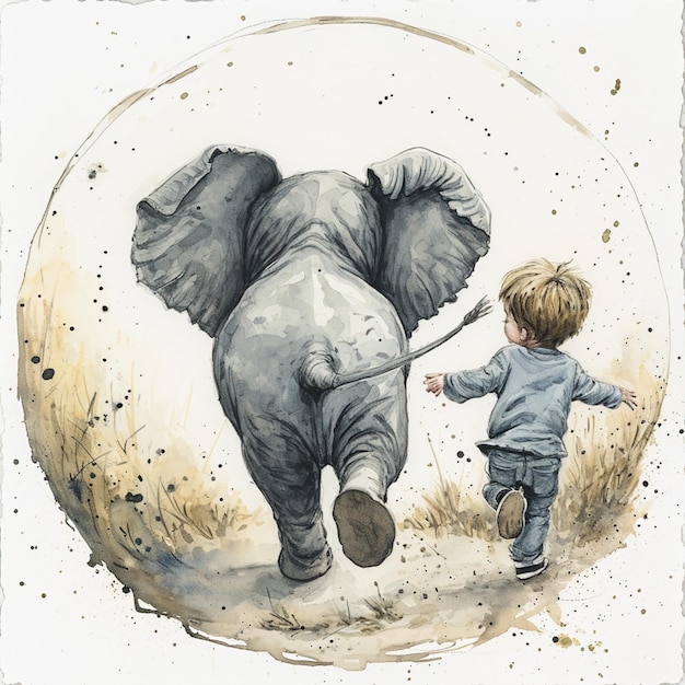 painting of a child running with an elephant in the background generative ai