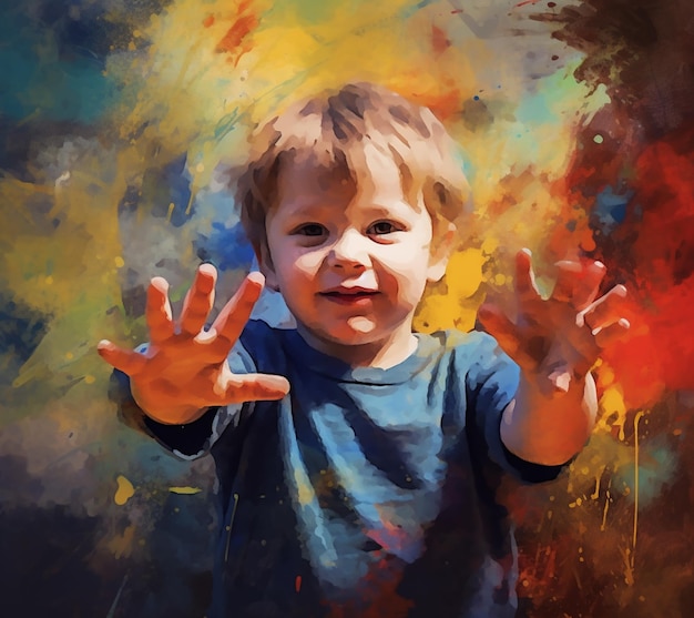 A painting of a child with his hands up