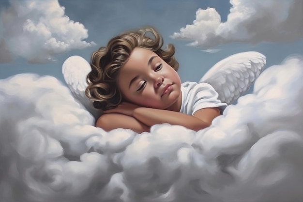 A painting of a child with wings on a cloud