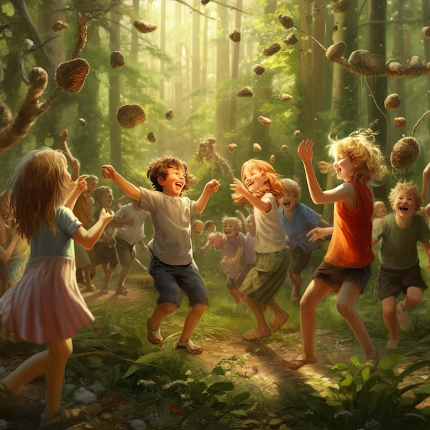 A painting of children dancing in a forest with a tree trunk and the words the word on the bottom