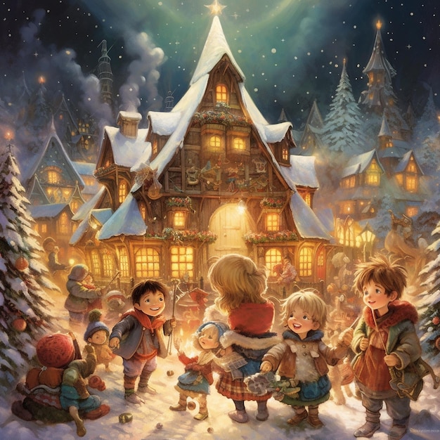 A painting of children in front of a house with a christmas story on the front.