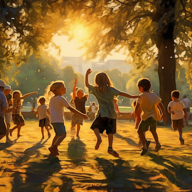 a painting of children playing in the park with the sun behind them.