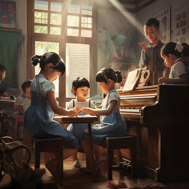 女性を背景にピアノを弾く子供たちの絵。