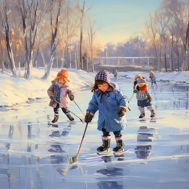 картина детей, играющих в снегу с палкой