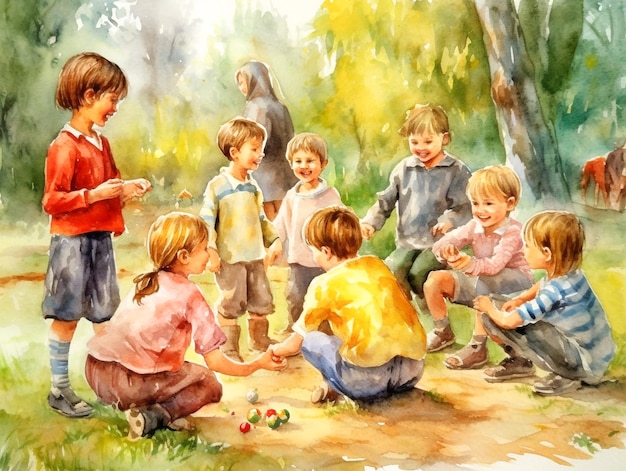 A painting of children playing with a ball and a picture of a boy in a yellow shirt