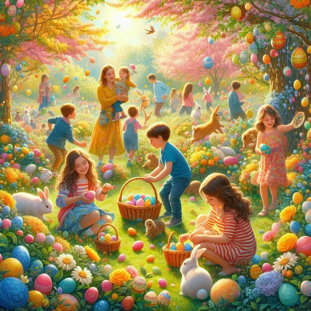 Photo a painting of children playing with easter eggs and a basket of eggs