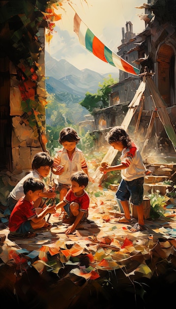 Photo a painting of children playing with a mountain in the background