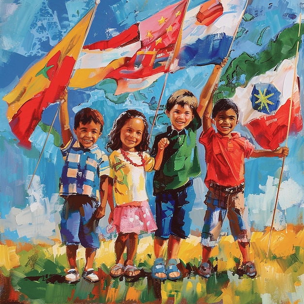 背景に旗を掲げて写真を撮っている子供たちの絵画