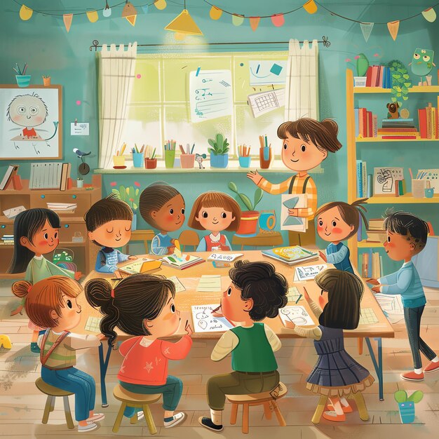 Photo a painting of children reading books in a classroom with a cartoon drawing of a child