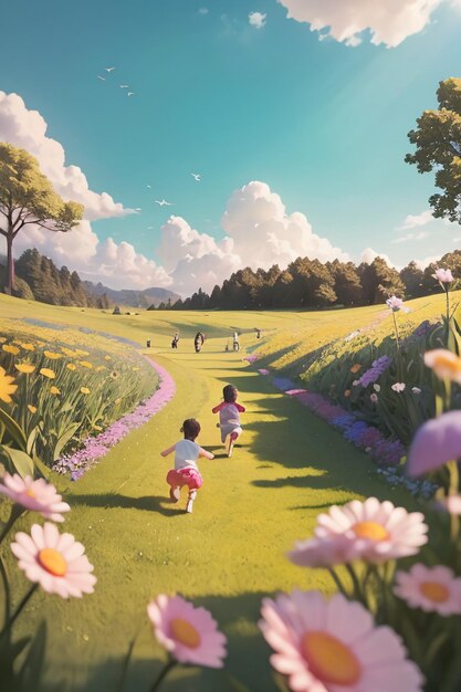 A painting of children running in a field of flowers.