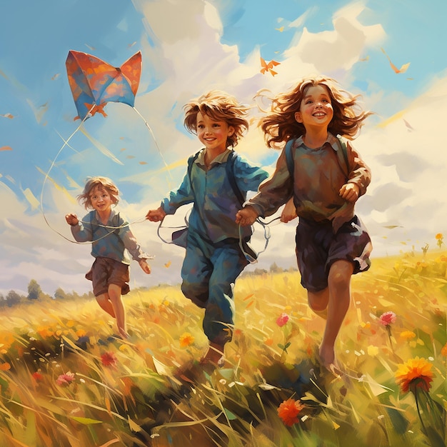 空にを掲げて畑で走っている子供たちの絵画