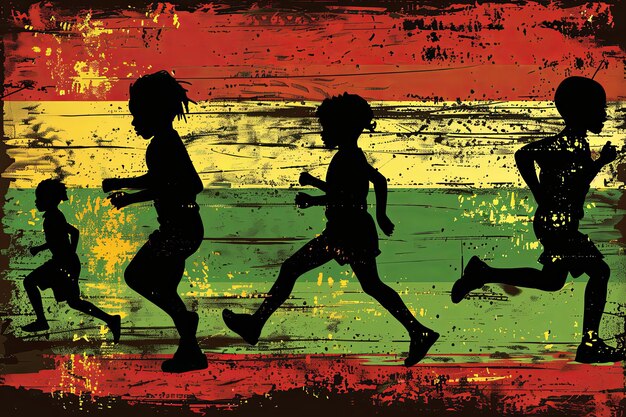 Photo a painting of children running in front of a colorful background