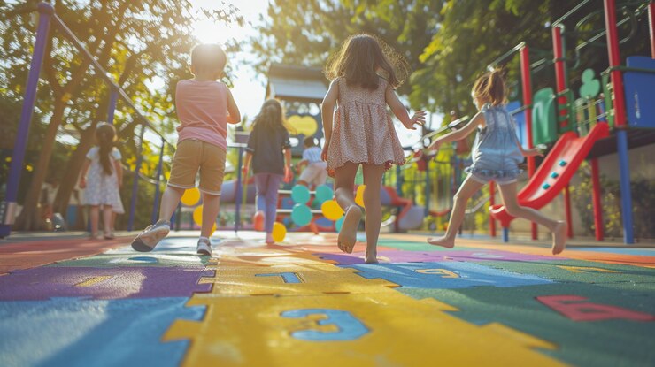 Photo a painting of children running in a park with a picture of a girl and a girl holding hands
