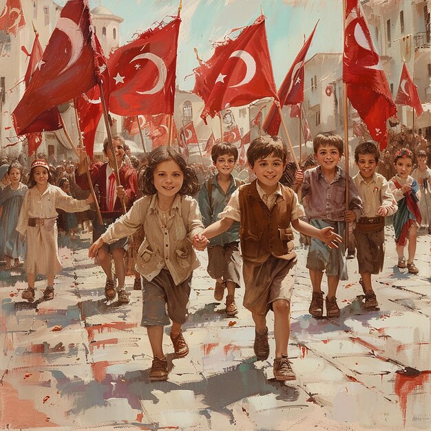 a painting of children running with flags in the background