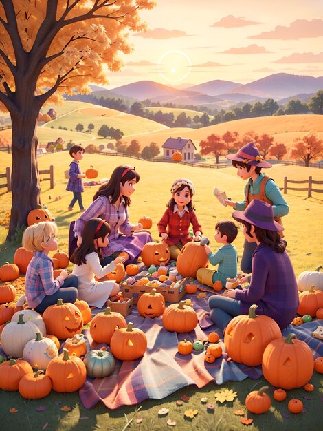 A painting of children sitting around a pumpkin patch
