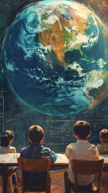 Photo painting of children sitting at desks in front of a chalk board