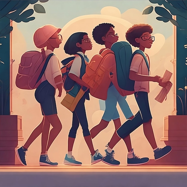 A painting of children with backpacks celebrate back to school