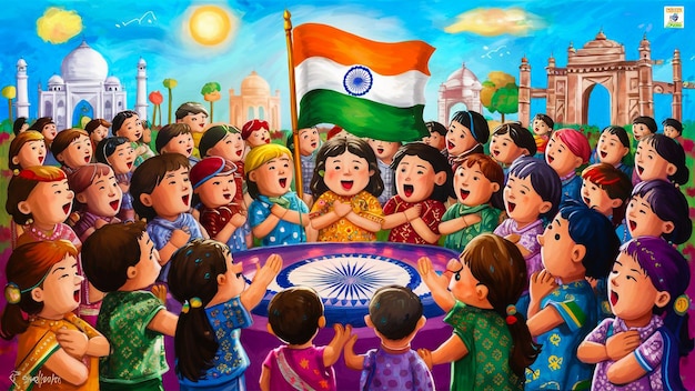 Photo a painting of children with the flag in the background