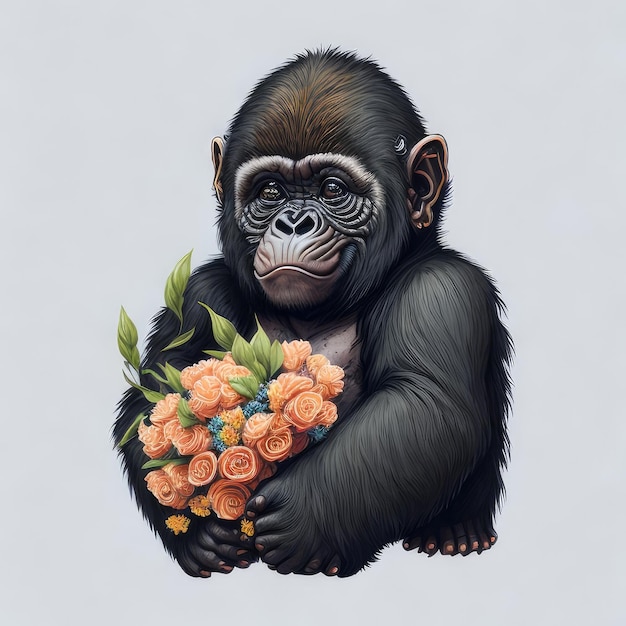 A painting of a chimp holding a bunch of flowers.