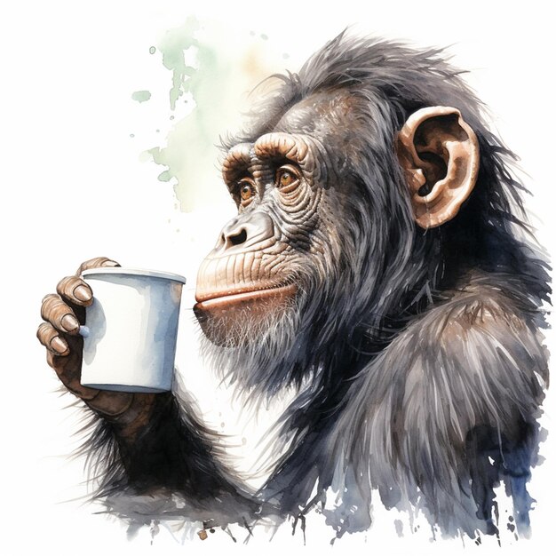 painting of a chimpan holding a cup of coffee generative ai