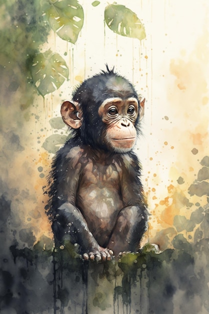 枝に座っているチンパンジーの絵。