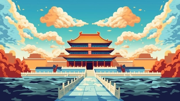 A painting of a chinese building with a bridge in front of it generative ai