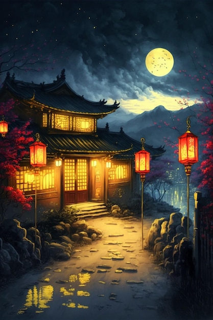 Painting of a chinese house at night generative ai
