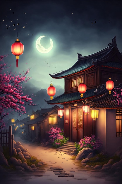 Painting of a chinese house at night generative ai