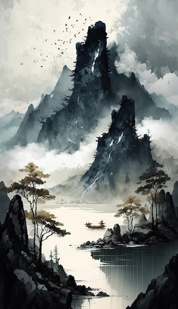 Painting of Chinese landscape by generative AI