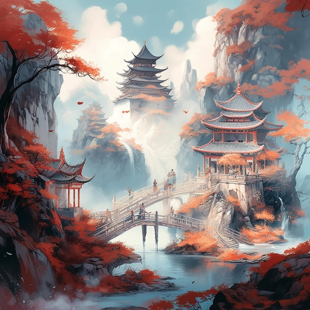 Painting of a chinese landscape with a bridge and pagoda generative ai