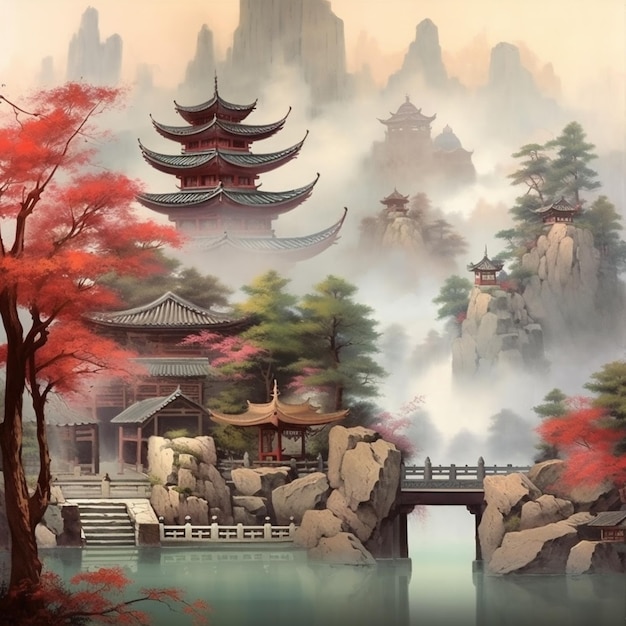 Painting of a chinese landscape with a pagoda and a bridge generative ai