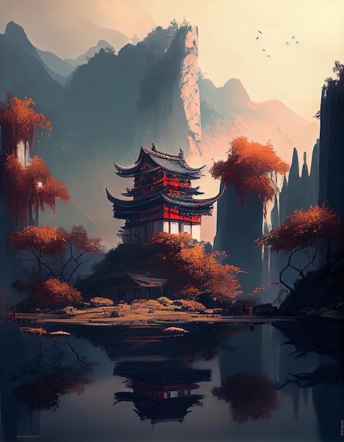 A painting of a chinese temple in the mountains.