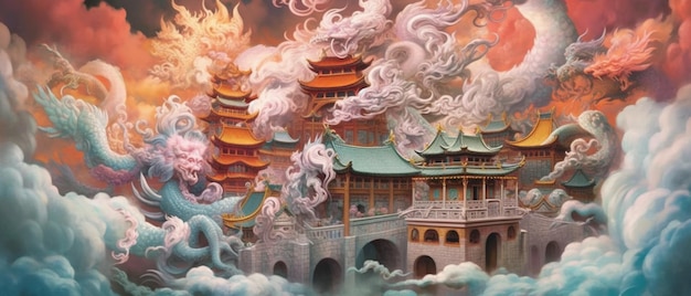 Painting of a chinese temple with a dragon and dragon flying in the sky generative ai