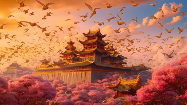 A painting of a chinese temple with a pink sky and birds flying around it.