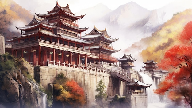 A painting of a chinese temple with a waterfall in the background.