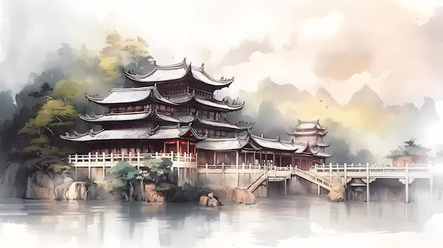 A painting of a chinese temple