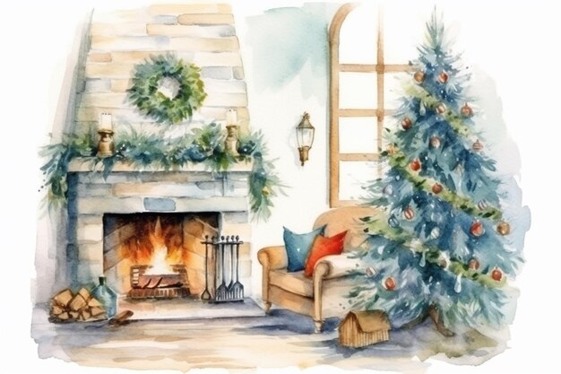A painting of a christmas tree in front of a fireplace generative ai