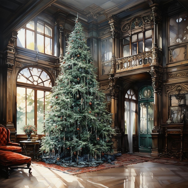 painting of a christmas tree in a large room with a red chair generative ai