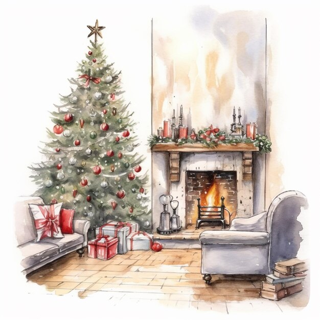 A painting of a christmas tree in a living room with a fire place generative ai