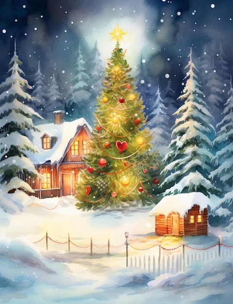 Painting of a christmas tree in a snowy landscape with a cabin generative ai