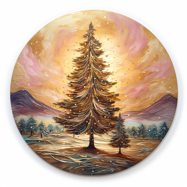 painting of a christmas tree in a snowy landscape with a sunset generative ai