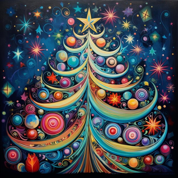 Photo painting of a christmas tree with many colorful ornaments and stars generative ai