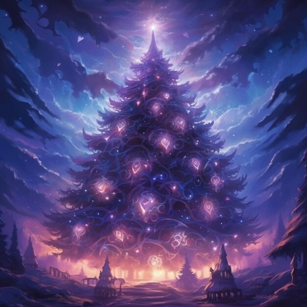 A painting of a christmas tree with many lights on it generative ai